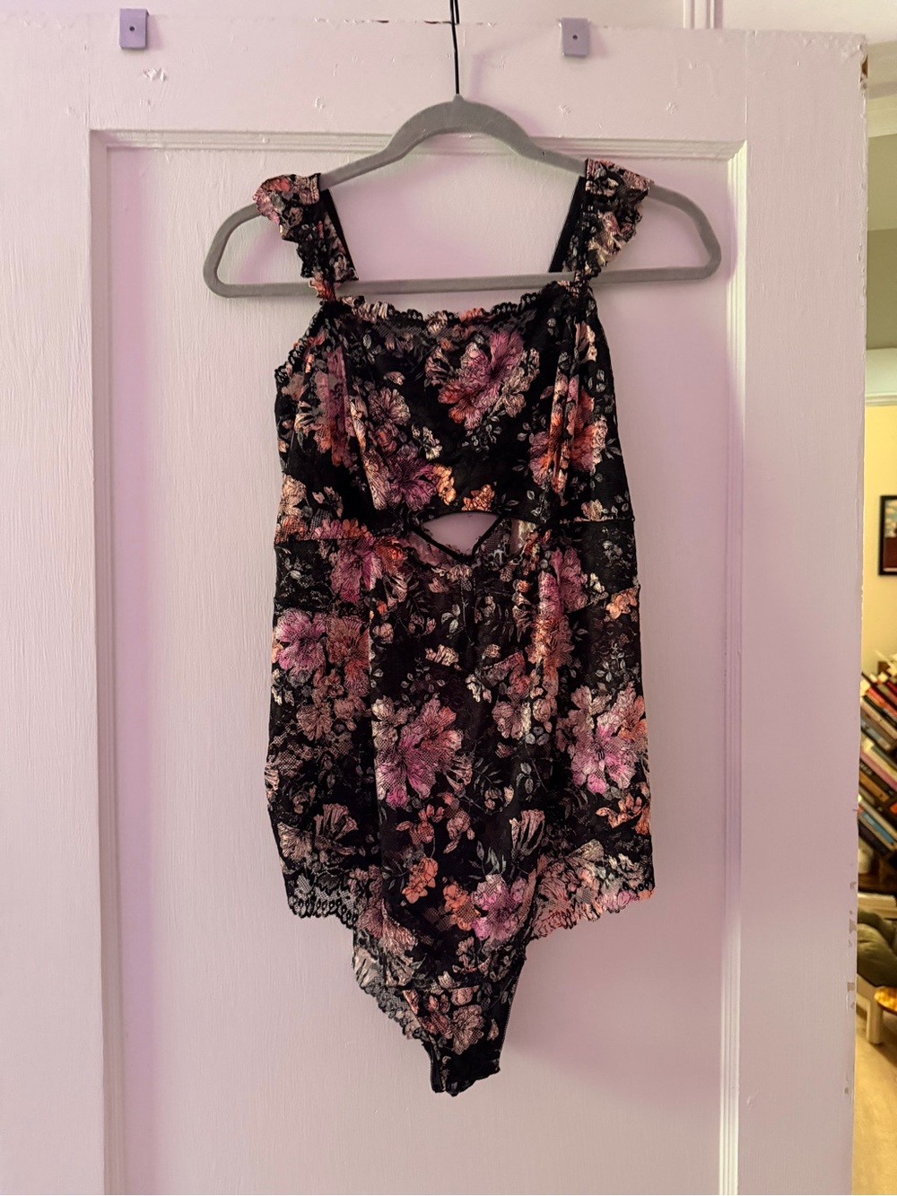 torrid Black Floral Lace-Trim Teddy with Pink & Peach Accents